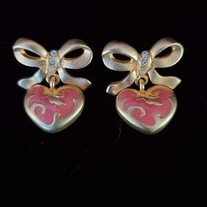 Pink Heart Gold Tone Dangle Earrings with Rhinestone Accents